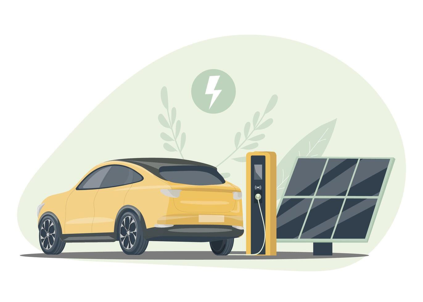 eléctrico coche es cargando eléctrico coche con cargando estación y solar paneles vector