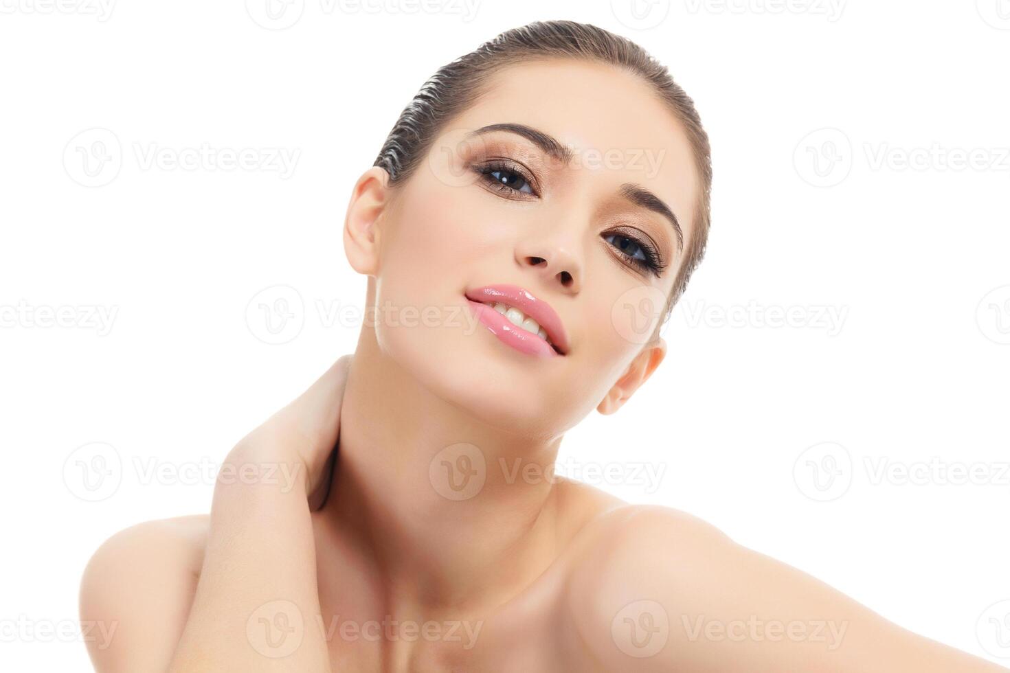 Beautiful girl with clean fresh skin, white background, copyspace photo