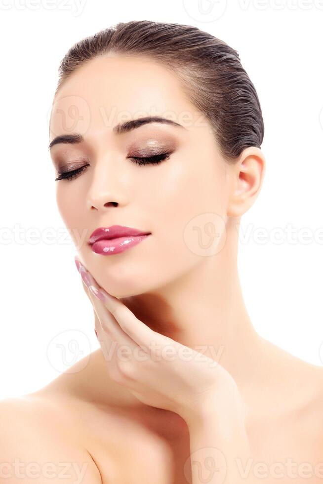 Beautiful girl with clean fresh skin, white background photo