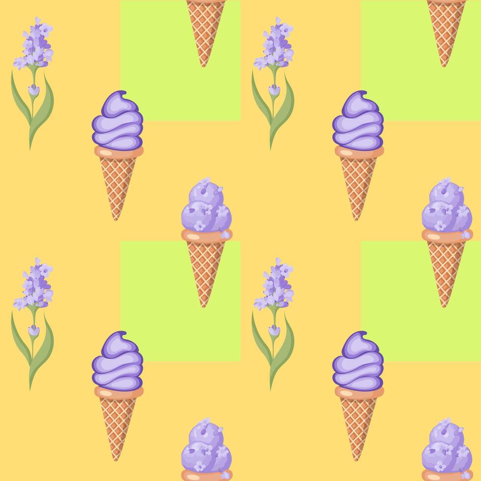 Lavender ice cream. Three scoops of creamy sweet dessert in a waffle cone. Purple sorbet. Seamless pattern. Vector illustration.