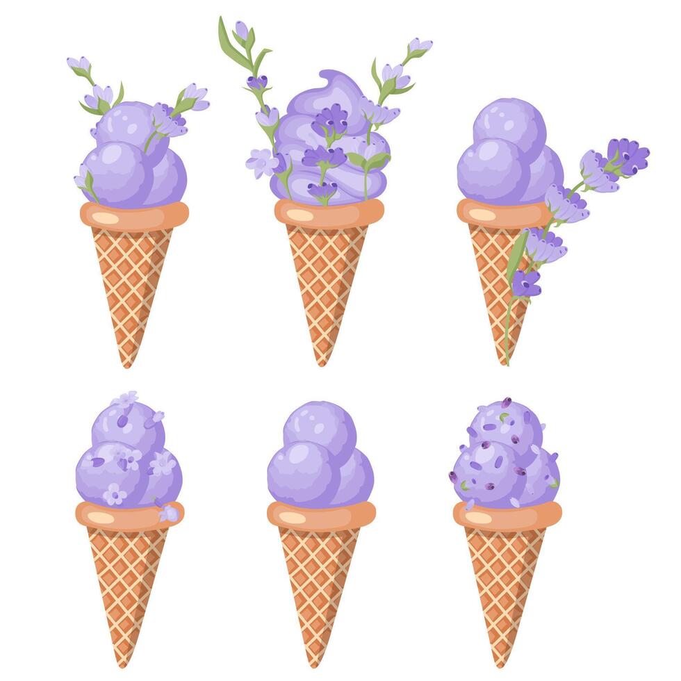 A set of lavender ice cream in waffle cones. Purple sorbet. Vector illustration isolated on white background.