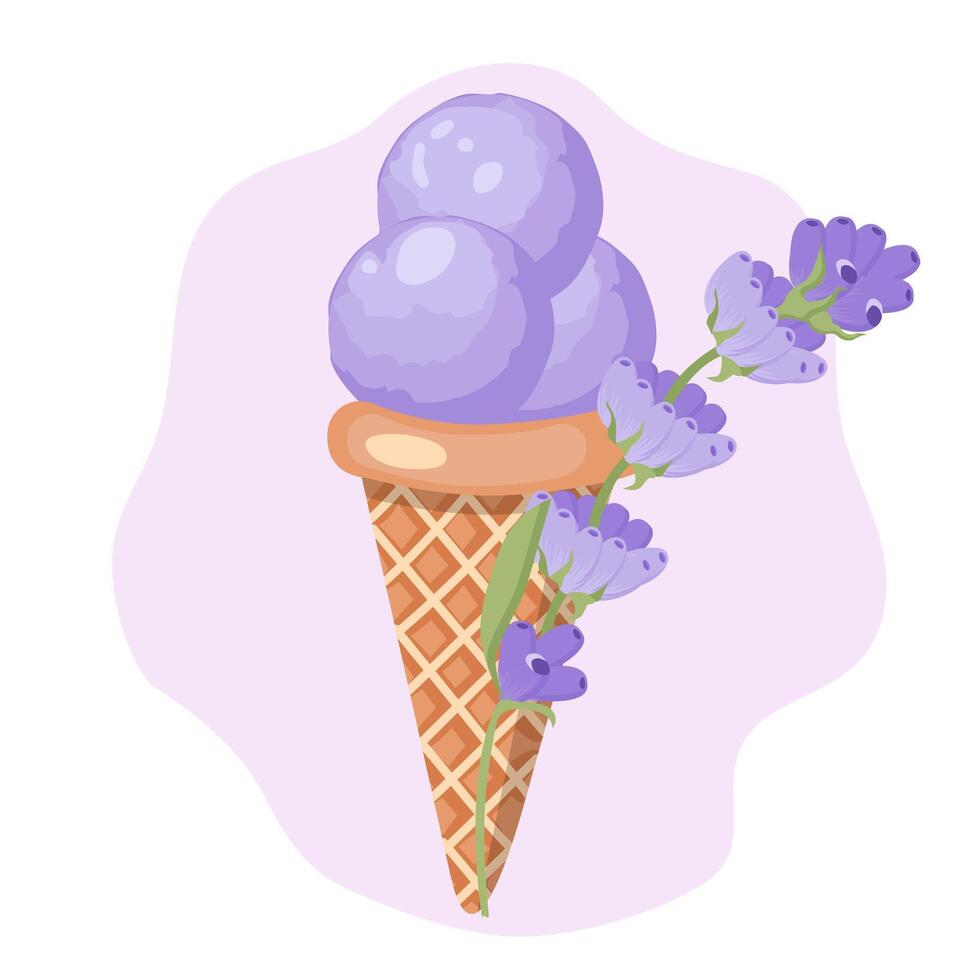 Lavender ice cream. Three balls of creamy sweet dessert in a waffle cone. Purple sorbet. Vector illustration on white background.