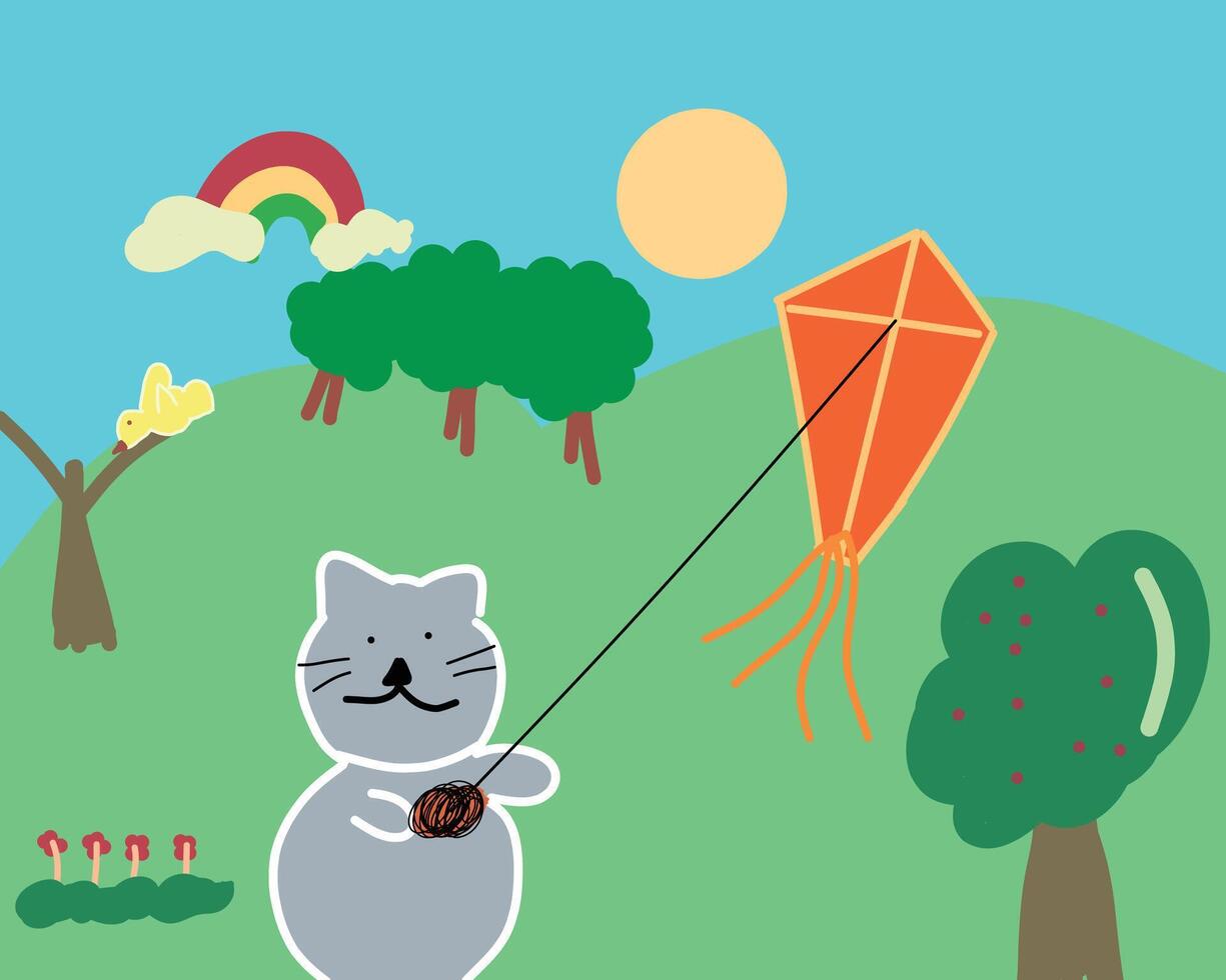 children drawing cat playing kites vector