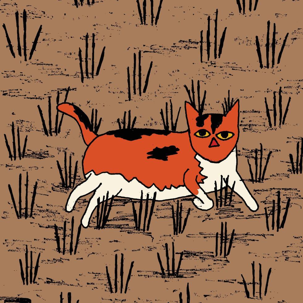 children drawing cat in the grass vector