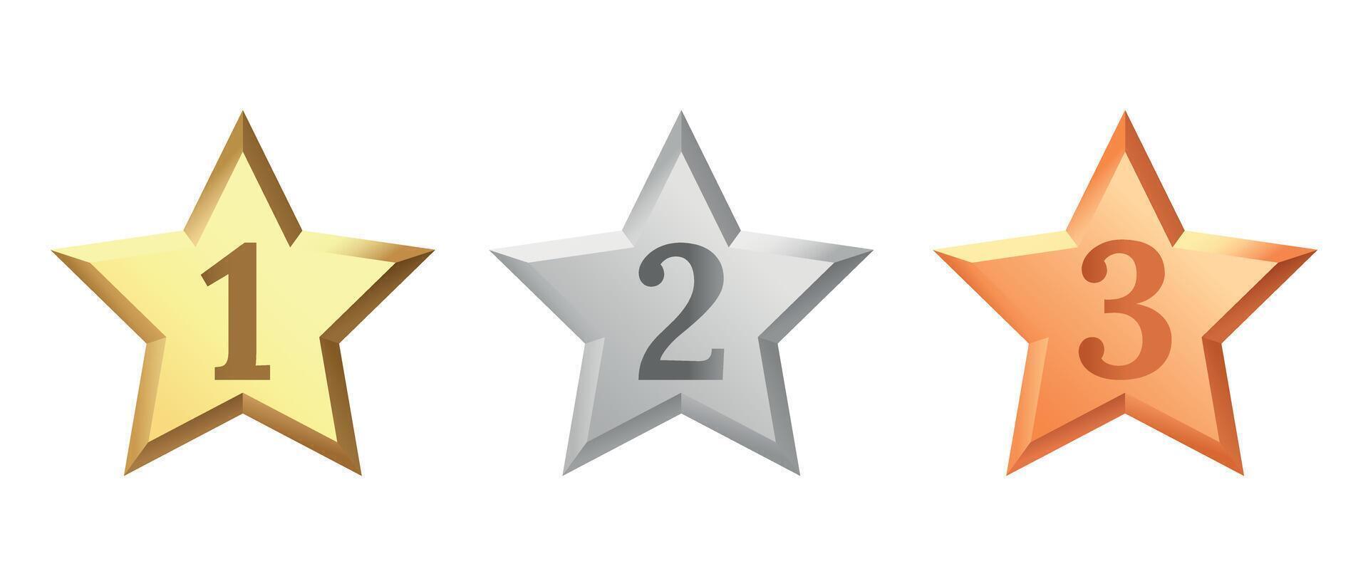 Golden, bronze, silver glossy metallic stars 3d realistic style. 1, 2, 3 place symbols. vector