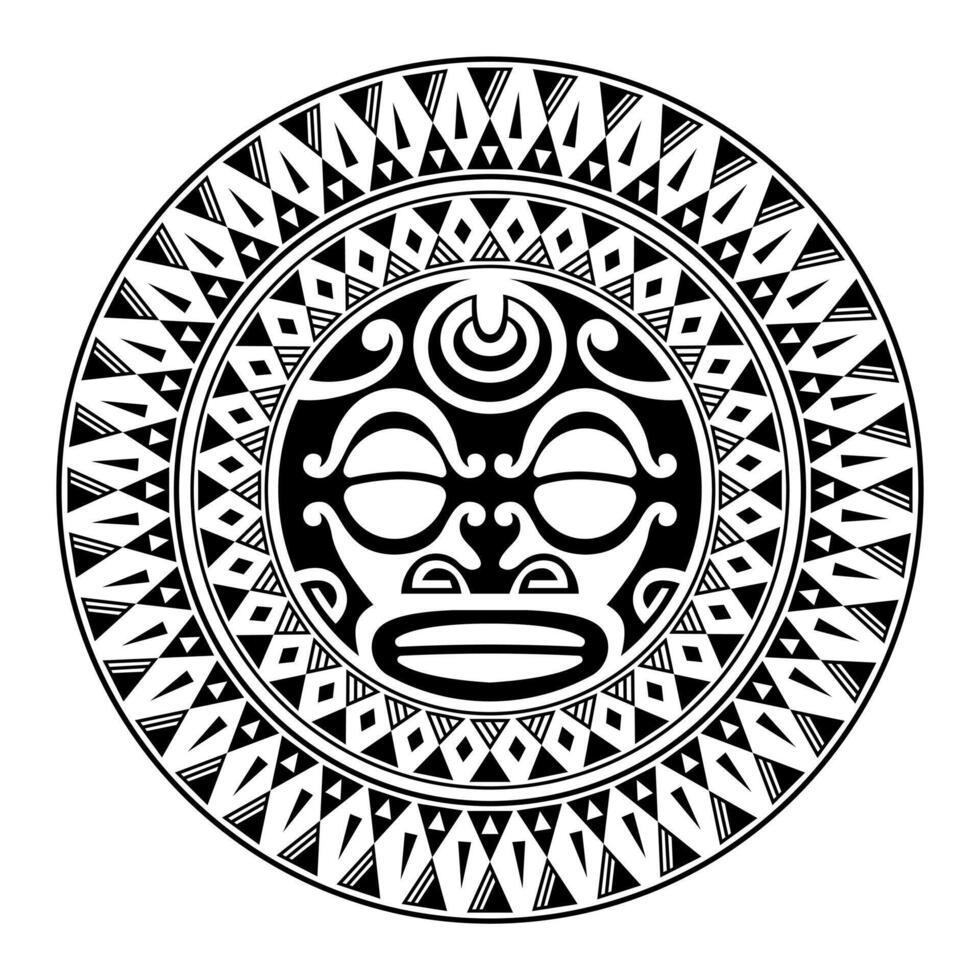 Round tattoo ornament with sun face maori style. African, aztecs or mayan ethnic mask. vector