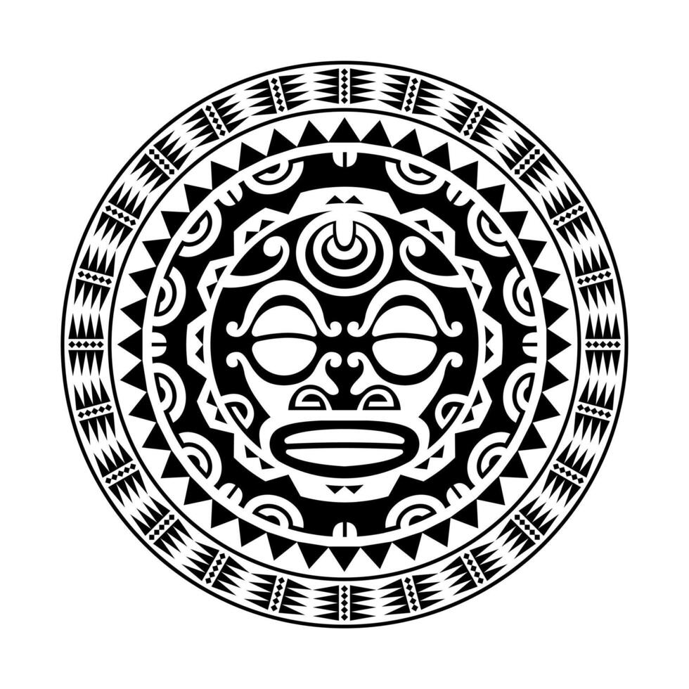 Round tattoo ornament with sun face maori style. African, aztecs or mayan ethnic mask. vector