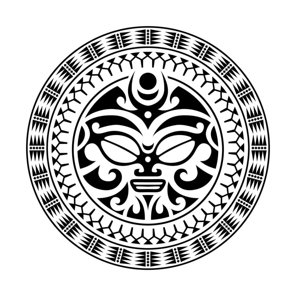 Round tattoo ornament with sun face maori style. African, aztecs or mayan ethnic mask. vector