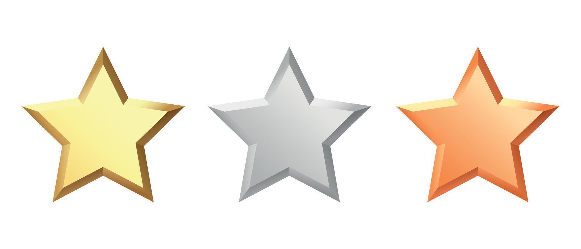 Golden, bronze, silver glossy metallic stars 3d realistic style. 1, 2, 3 place symbols. vector