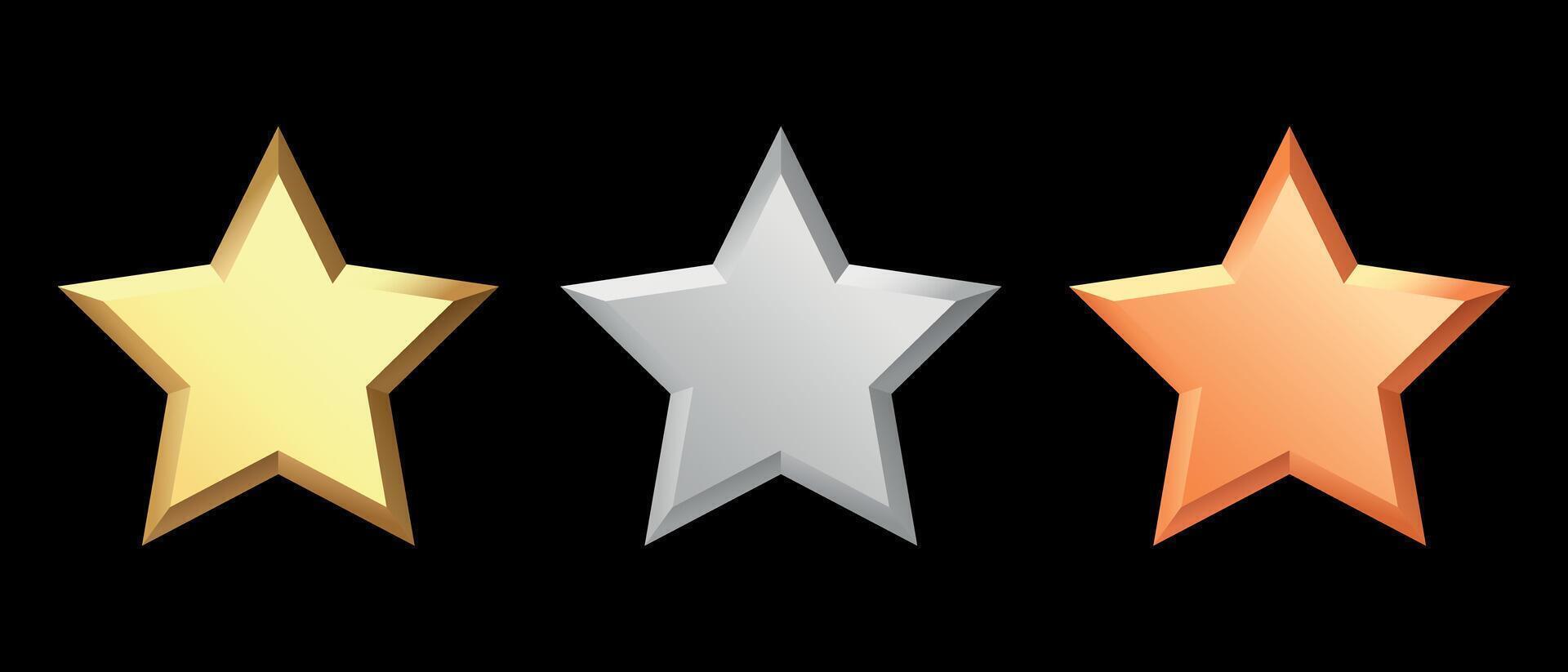Golden, bronze, silver glossy metallic stars 3d realistic style. 1, 2, 3 place symbols. vector