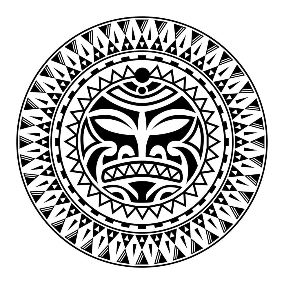 adorno de tatuaje redondo con cara de sol estilo maorí. máscara étnica africana, azteca o maya. vector