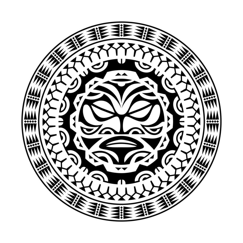 adorno de tatuaje redondo con cara de sol estilo maorí. máscara étnica africana, azteca o maya. vector