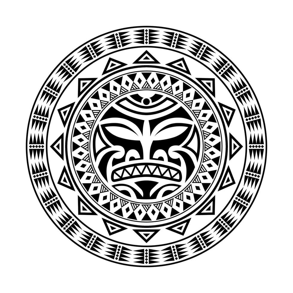 Round tattoo ornament with sun face maori style. African, aztecs or mayan ethnic mask. vector