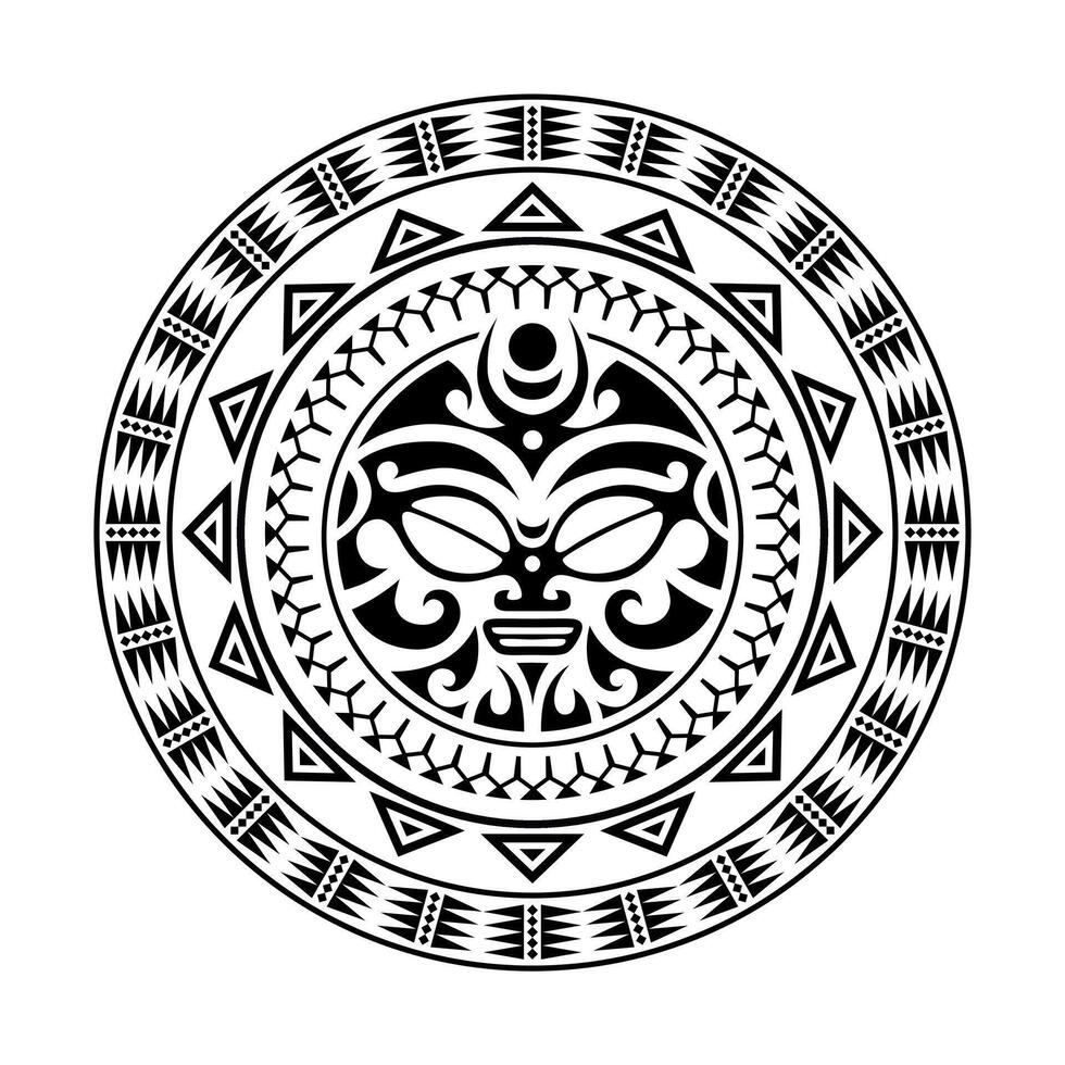 Round tattoo ornament with sun face maori style. African, aztecs or mayan ethnic mask. vector