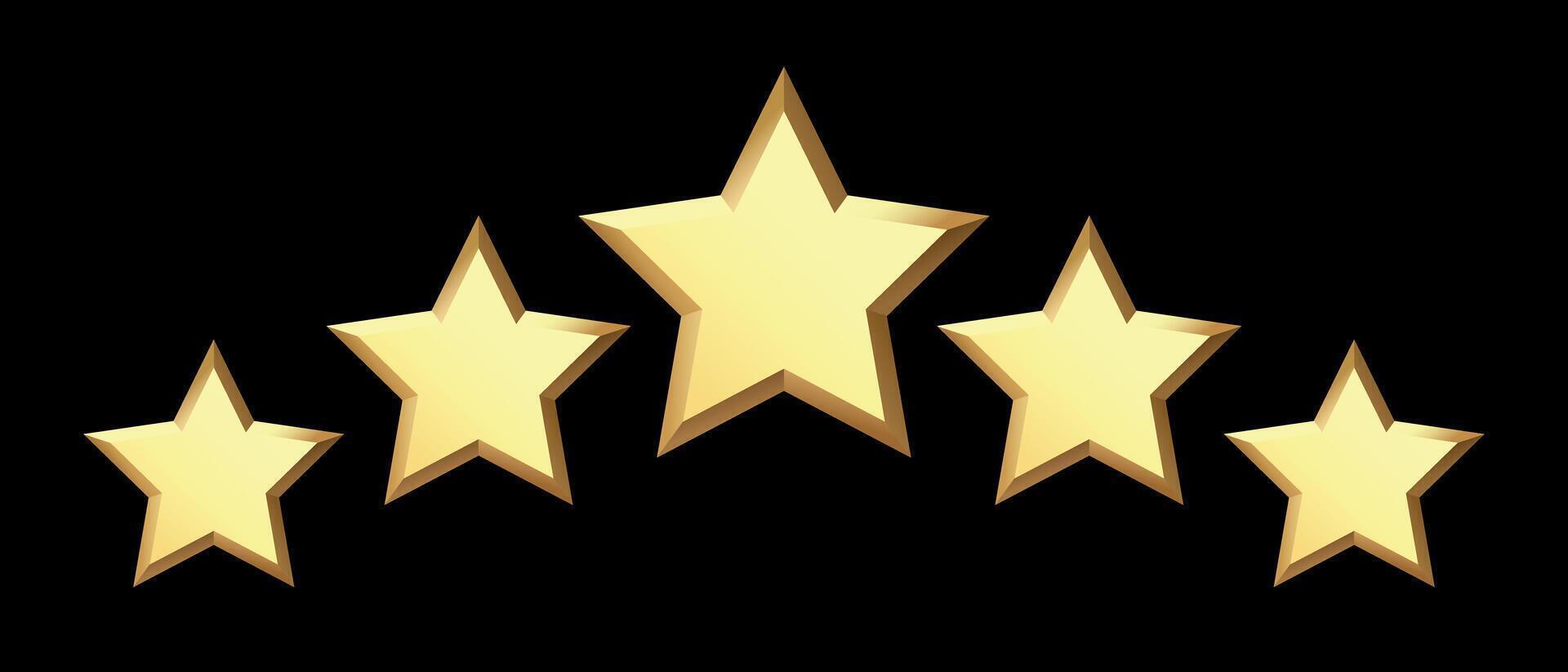 Five golden stars isolated on black background. Rating stars icon. black background vector