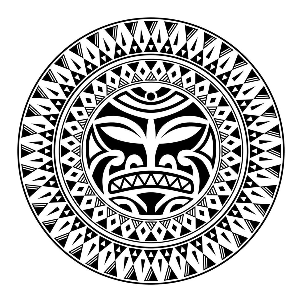 Round tattoo ornament with sun face maori style. African, aztecs or mayan ethnic mask. vector