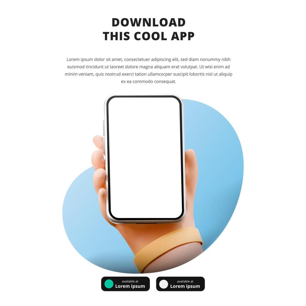 page banner advertising for downloading app for mobile phone smartphone Download buttons template 3D cartoon cute Hand holding phone vector