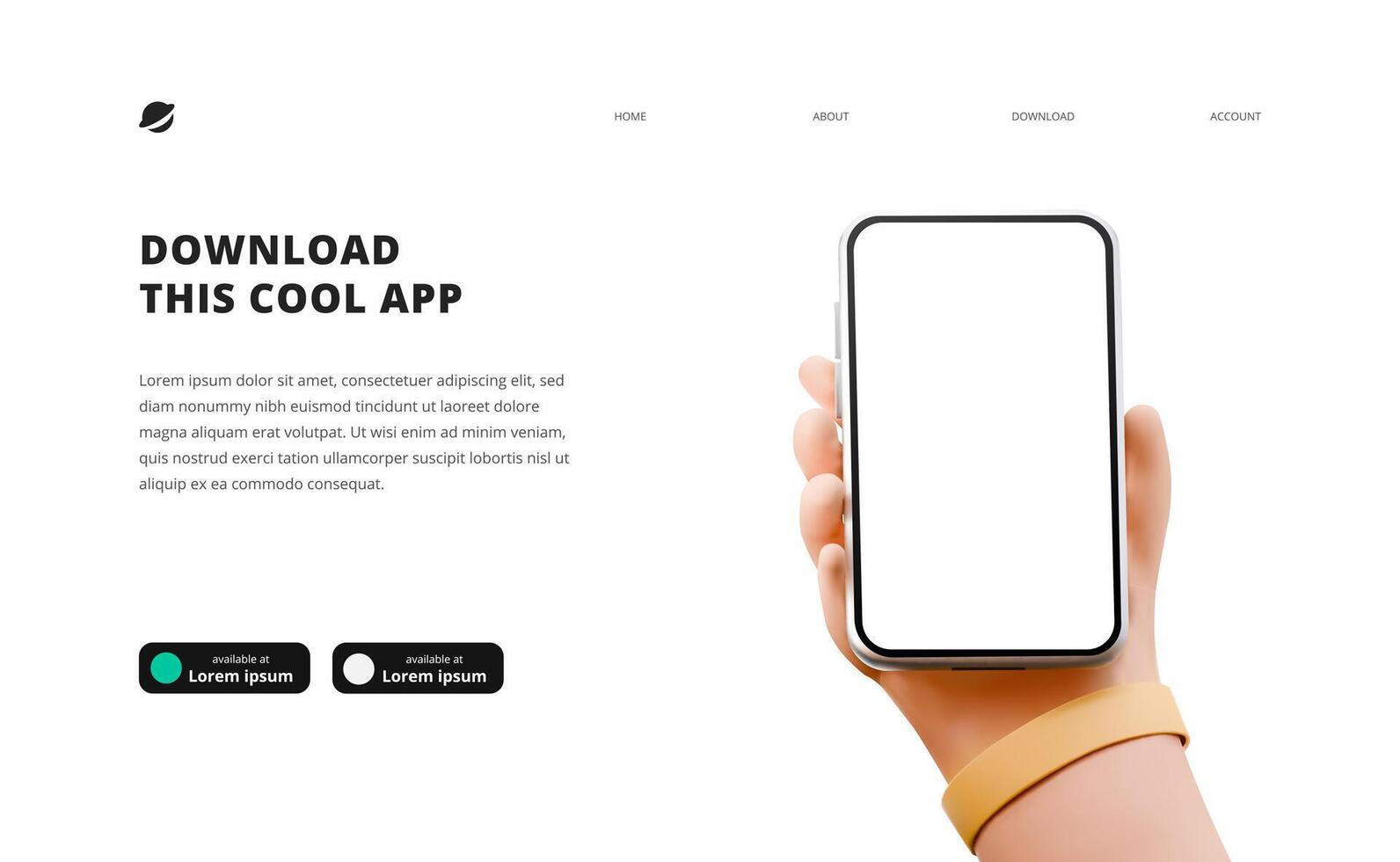 page banner advertising for downloading app for mobile phone smartphone Download buttons template 3D cartoon cute Hand holding phone vector