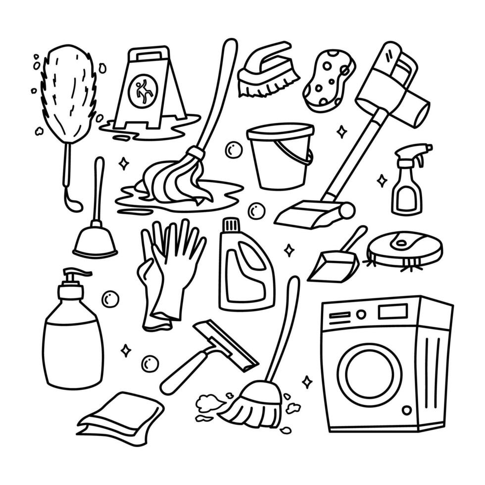 home cleaning hygiene household work detailed doodle outline line color set illustration vector