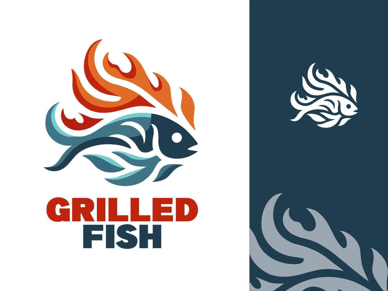 Grilled fish illustration, food logo or restaurant logo vector