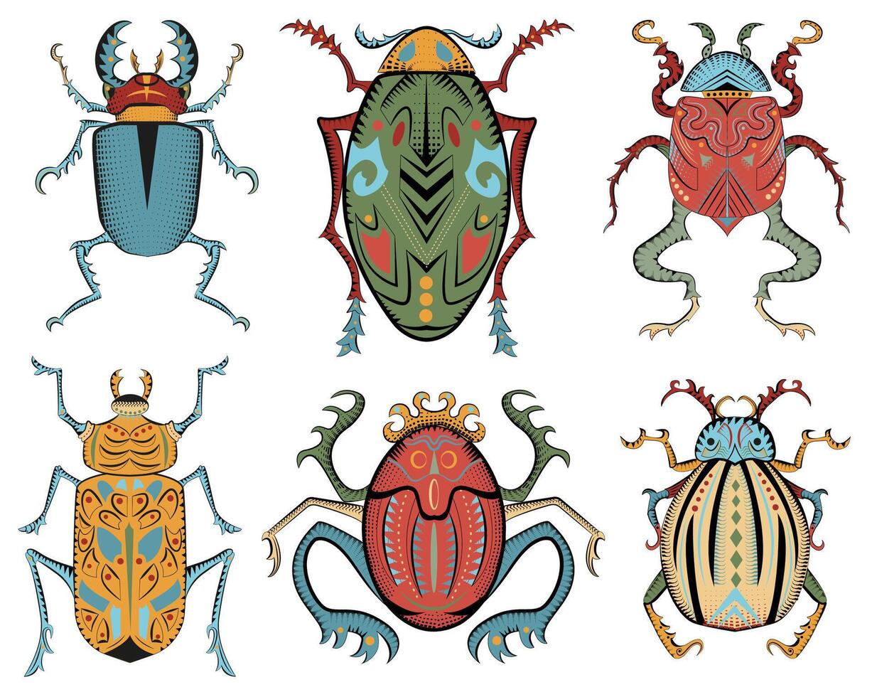 Colorful design vector set with mystic decorated bugs isolated on white, hand drawn line art