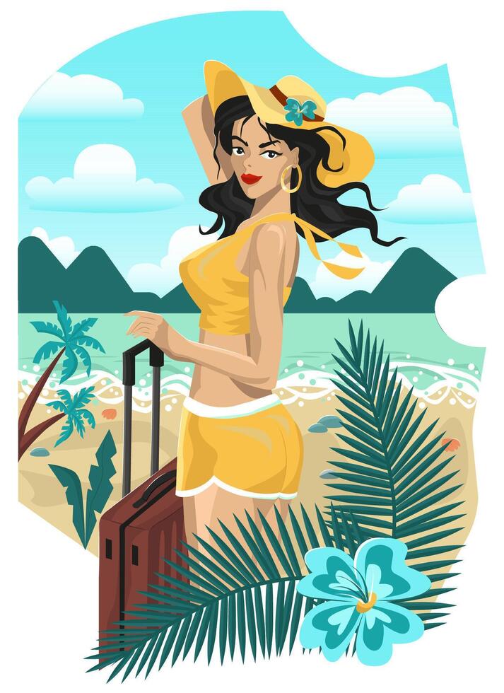 Vector cartoon illustration with young beautiful woman with luggage on vacation on beach against seascape. Summer background, travel concept, flat design.
