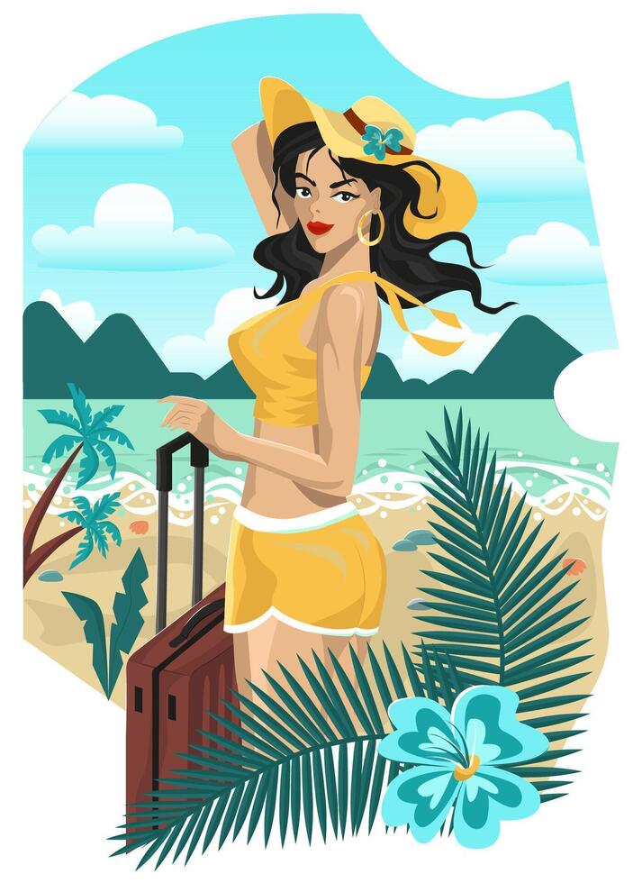 vector dibujos animados ilustración con joven hermosa mujer con equipaje en vacaciones en playa en contra marina. verano fondo, viaje concepto, plano diseño.