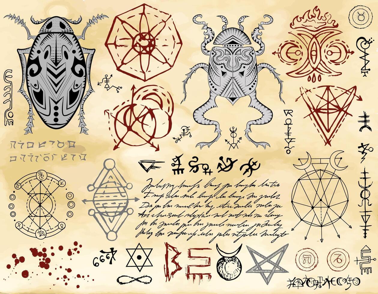 Design vector set with decorated bugs, pentagram, mystic, magic and gothic symbols against textured background, wicca concept, no foreign language, only fantasy signs.