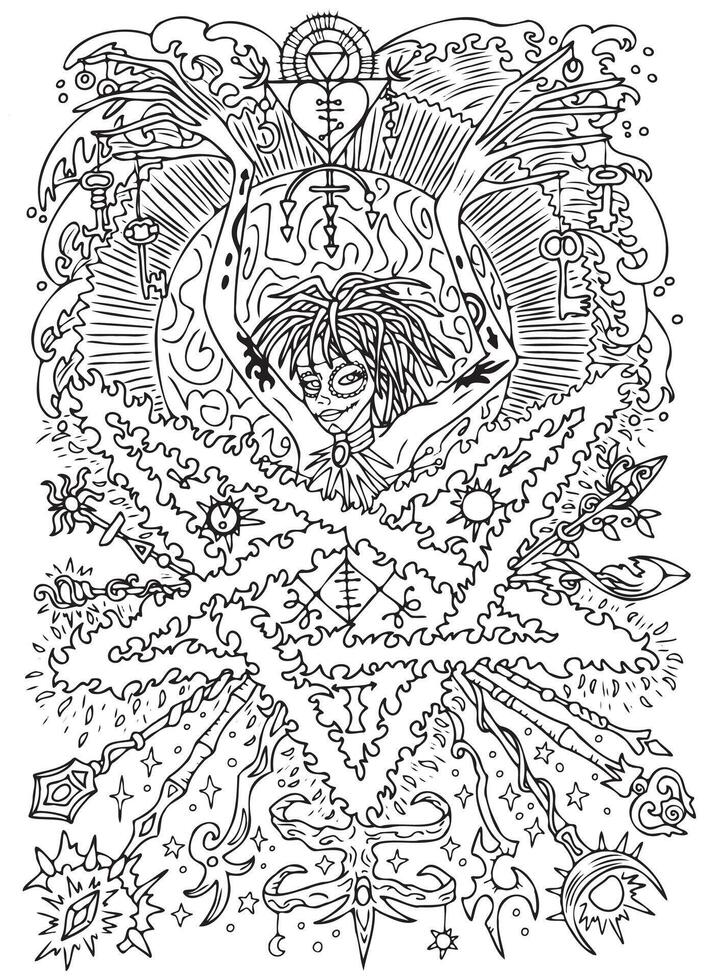 Fantasy engraved illustration with beautiful african woman as witch or magician for coloring page. Hand drawn graphic line art with ethnic concept as tattoo, poster or card. vector