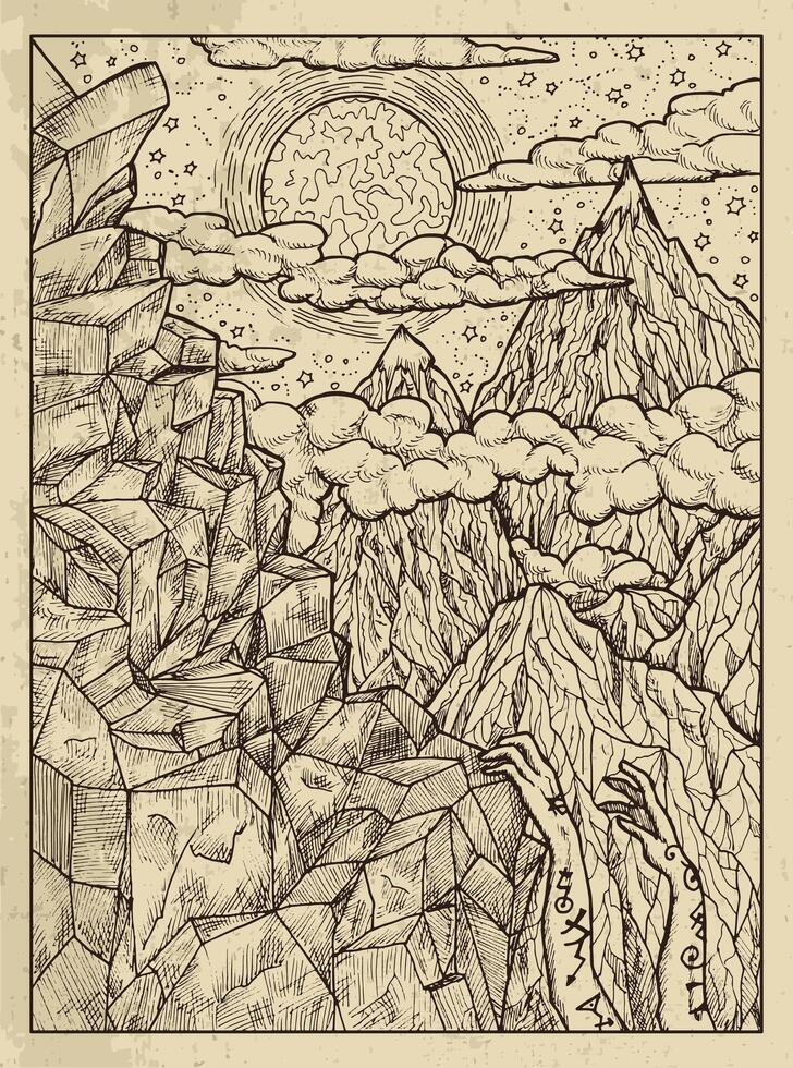 Mountain. Mystic concept for Lenormand oracle tarot card. Vector engraved illustration. Fantasy line art drawing and tattoo sketch. Gothic, occult and esoteric background
