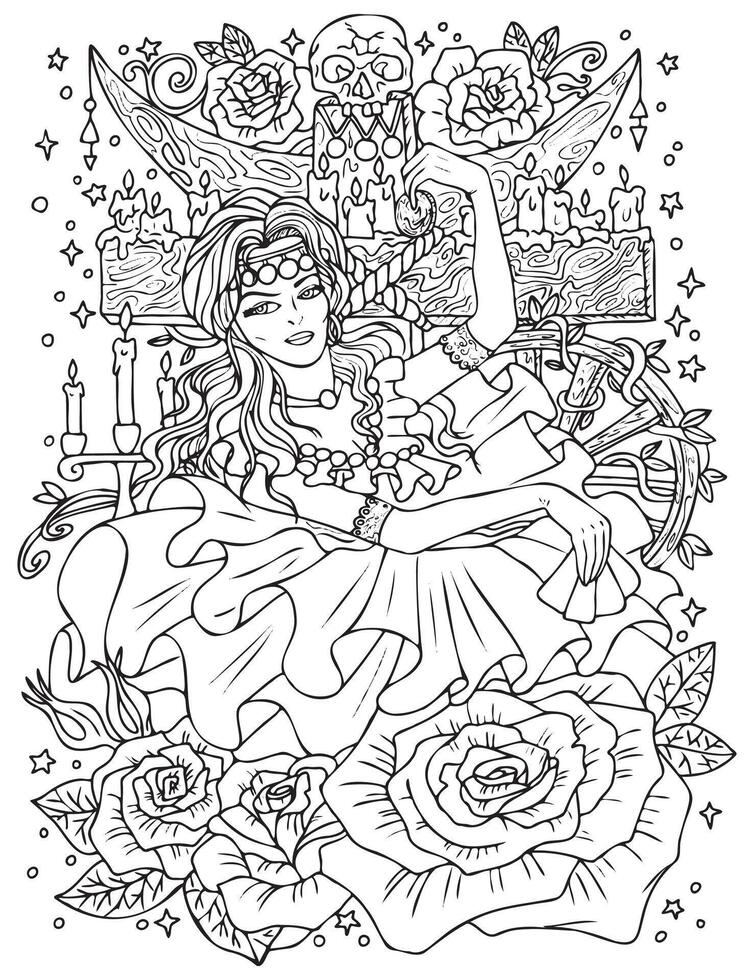 fantasía grabado ilustración con hermosa gitano mujer como bruja o mago para colorante página. mano dibujado gráfico línea Arte con étnico concepto como tatuaje, póster o tarjeta. vector