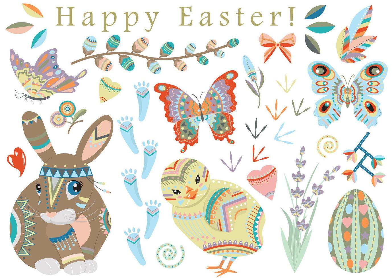 mano dibujado colección con contento Pascua de Resurrección fiesta tradicional símbolos y objetos - conejo, huevo, flores, decoraciones en plano laico estilo aislado en blanco vector