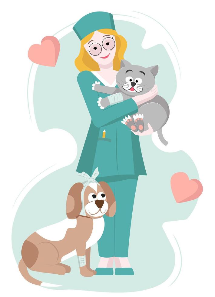 Girl veterinarian doctor with cat and dog. Veterinary clinic, healthcare service, medical center for domectis animals, pet care and health concept for banner, website. Flat style vector illustration