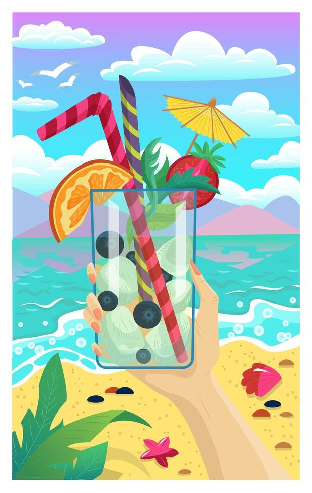 Vector cartoon illustration with a hand of woman holding glass of fruit cocktail drink against beach and seascape. Summer time background, flat design