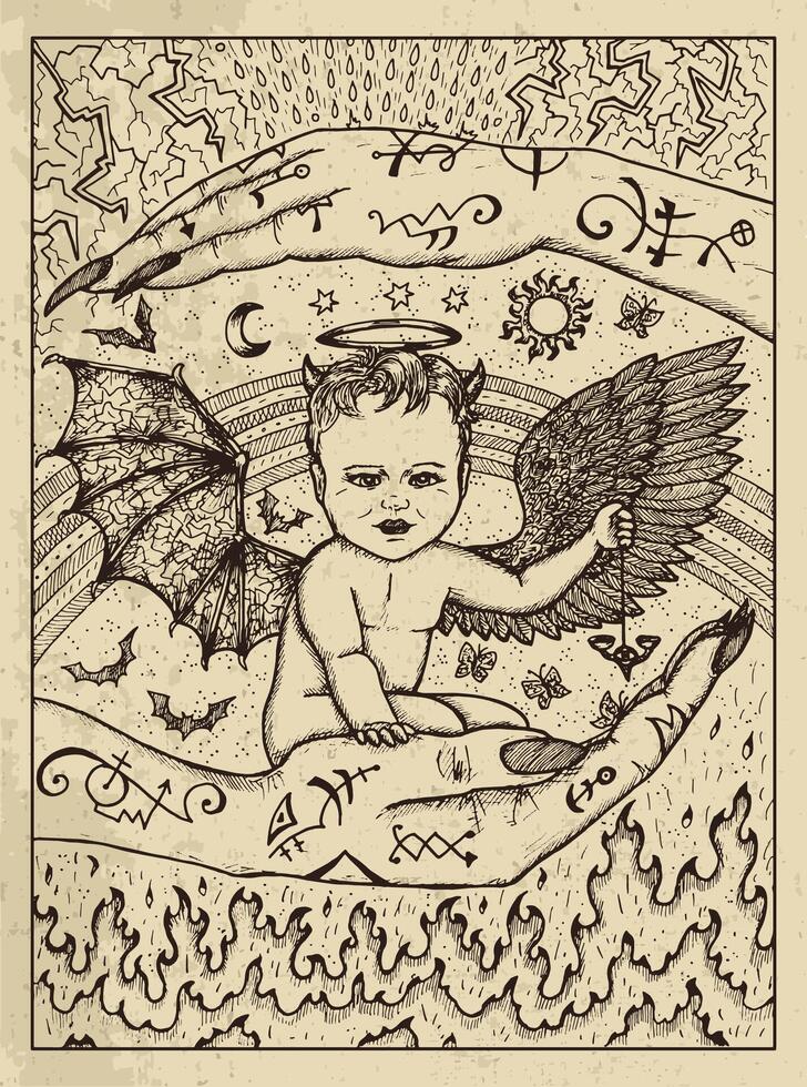 demonio niño. místico concepto para lenormand oráculo tarot tarjeta. vector grabado ilustración. fantasía línea Arte dibujo y tatuaje bosquejo. gótico, oculto y esotérico antecedentes