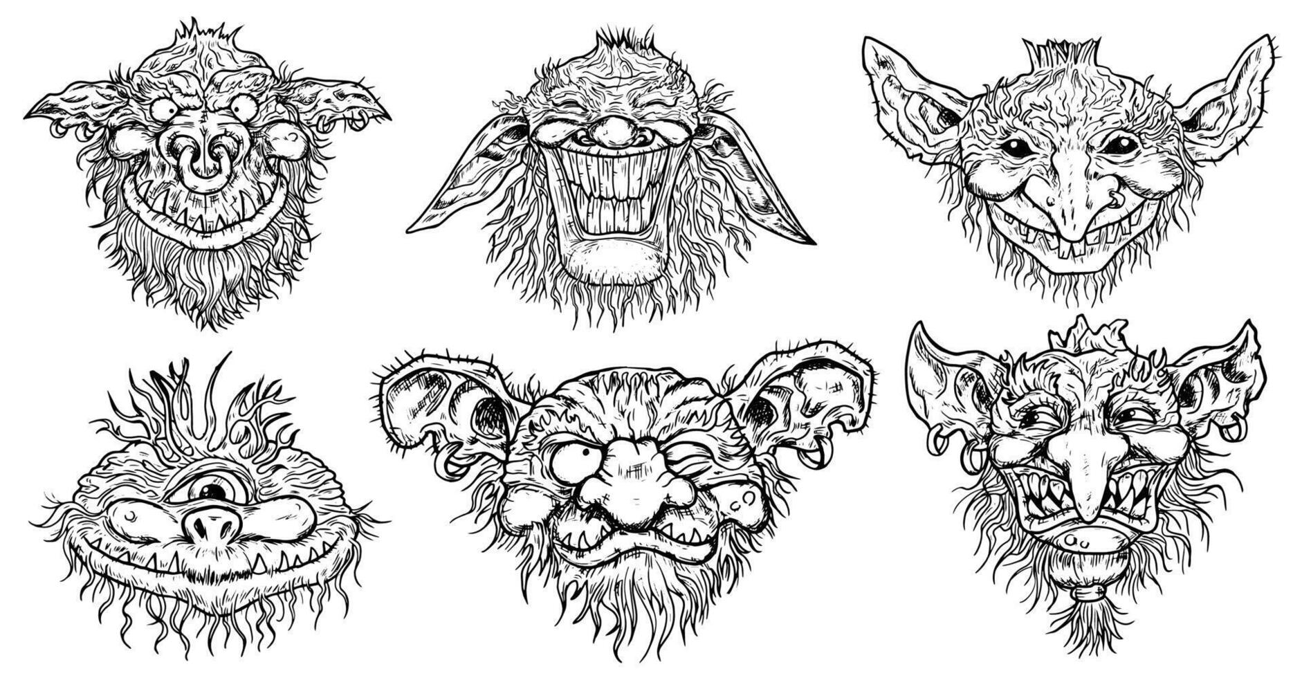 Hand drawn vector set with engraved funny demon or gnome faces  isolated on white, line art fantasy illustrations for stickers, tattoo, t shirt
