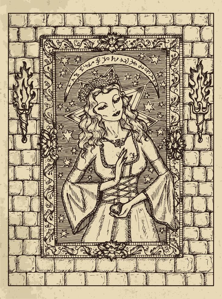 Woman. Mystic concept for Lenormand oracle tarot card. Vector engraved illustration. Fantasy line art drawing and tattoo sketch. Gothic, occult and esoteric background
