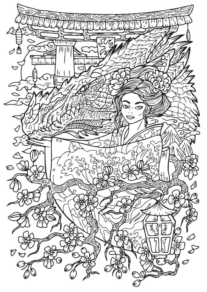 Fantasy engraved illustration with beautiful asian woman as witch or magician for coloring page. Hand drawn graphic line art with ethnic concept as tattoo, poster or card. vector