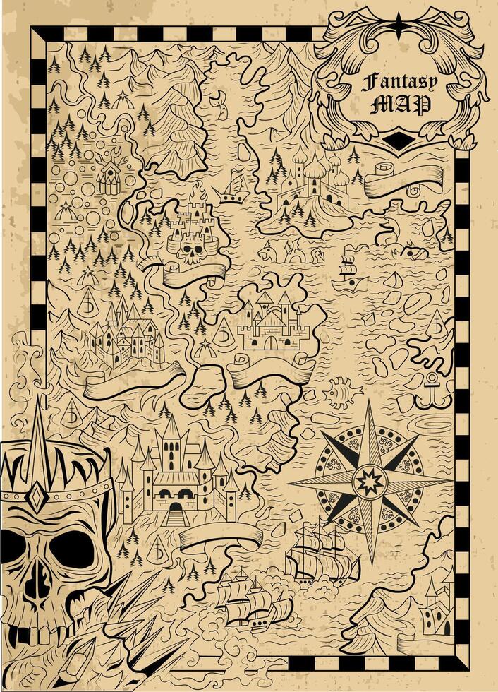 Old fantasy map with unknown land, ships, skull, compass and creatures on textured background. Pirate adventures, treasure hunt and old transportation concept. Hand drawn vector illustration.