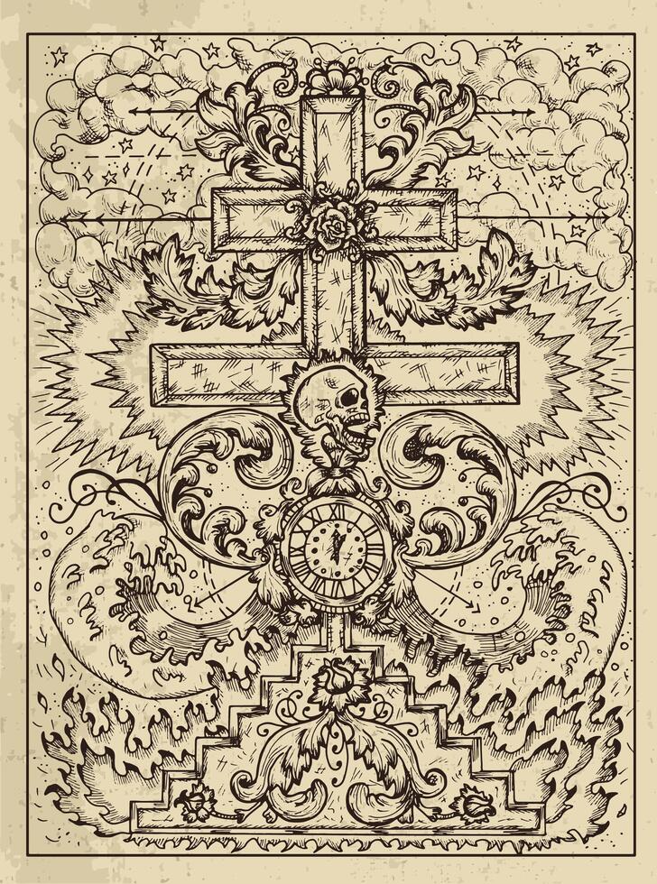 Cross. Mystic concept for Lenormand oracle tarot card. Vector engraved illustration. Fantasy line art drawing and tattoo sketch. Gothic, occult and esoteric background