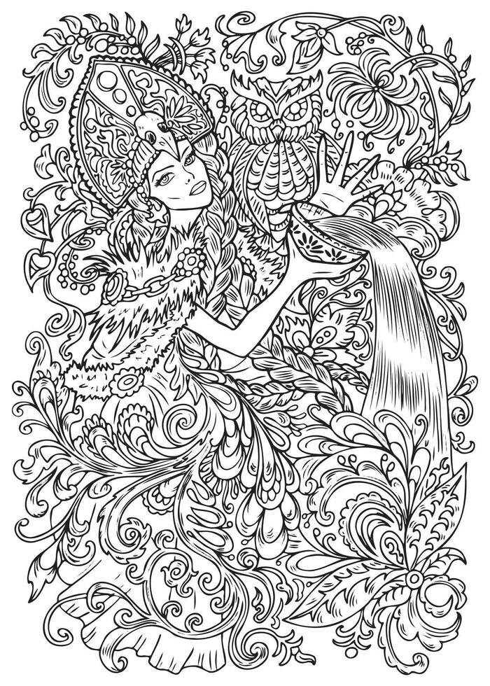 Fantasy engraved illustration with beautiful woman as witch or magician for coloring page. Hand drawn graphic line art with ethnic concept as tattoo, poster or card. vector