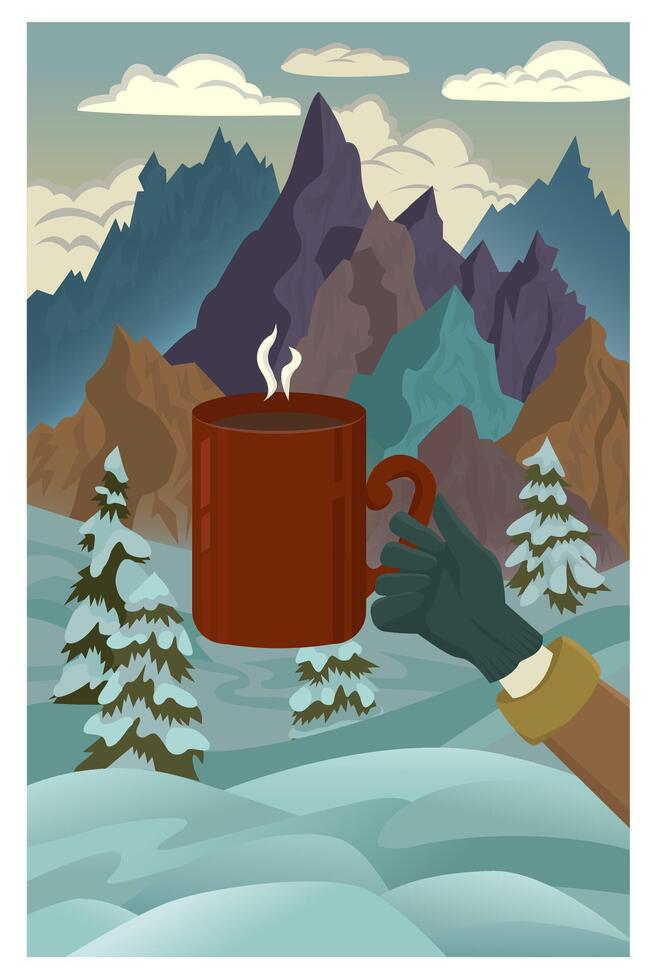 Vector cartoon illustration with hand holding coffee cup against winter mountains peak and sunrise background. Vintage adventure and tourism concept. Flat design artwork.