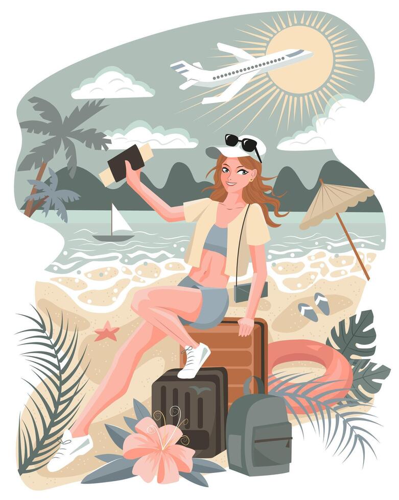 vector dibujos animados ilustración con joven hermosa mujer con equipaje en vacaciones en playa en contra marina. verano fondo, viaje concepto, plano diseño.