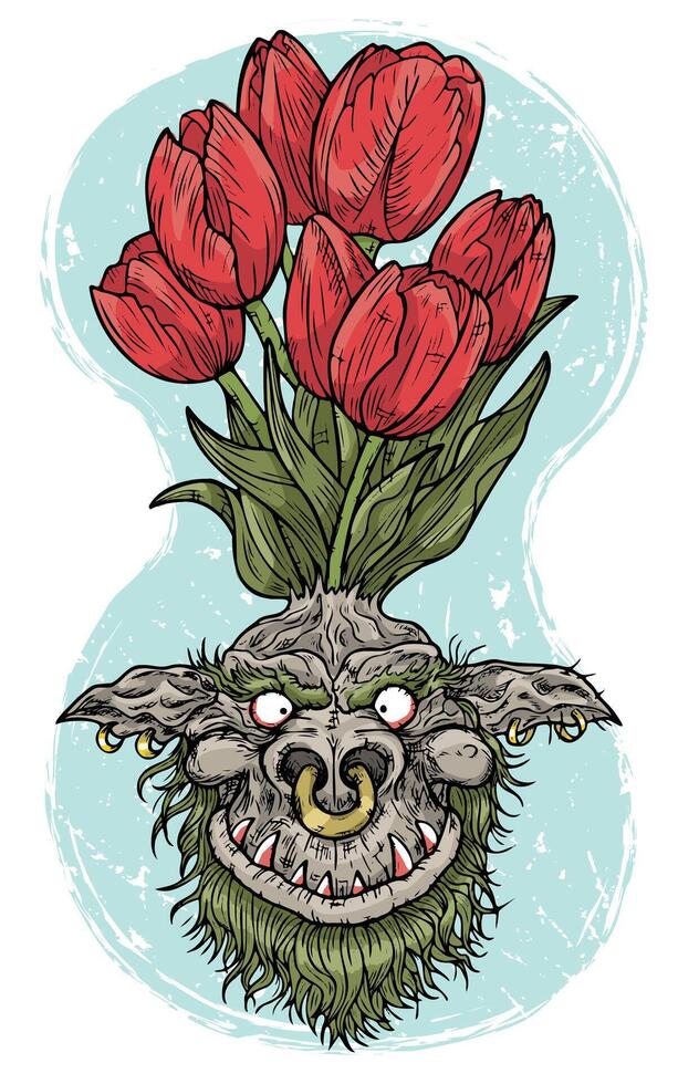 Hand drawn colorful vector illustration with engraved funny demon or gnome face as root of beautiful spring flower of Tulip isolated on white, garden fantasy concept