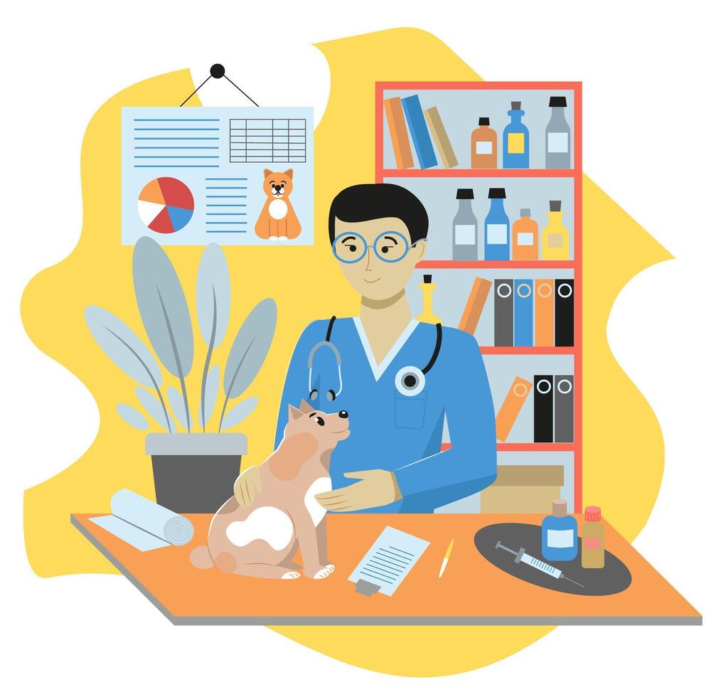 Veterinarian doctor examing and treating dog. Veterinary clinic, healthcare service, medical center for domectis animals, pet care and health concept for banner, website. Flat vector illustration
