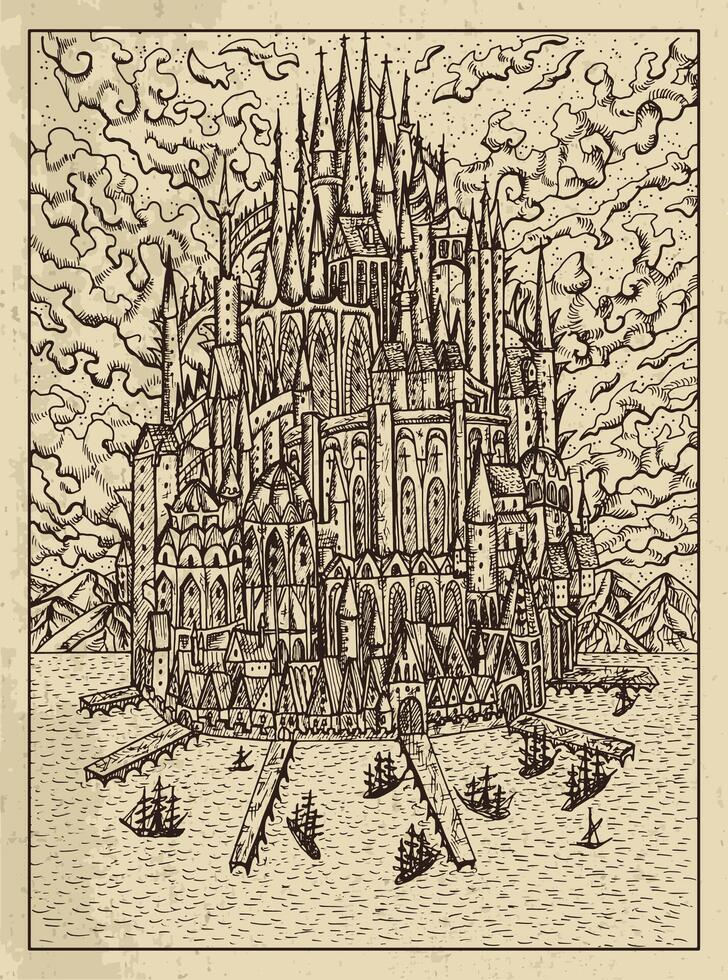 House. Mystic concept for Lenormand oracle tarot card. Vector engraved illustration. Fantasy line art drawing and tattoo sketch. Gothic, occult and esoteric background