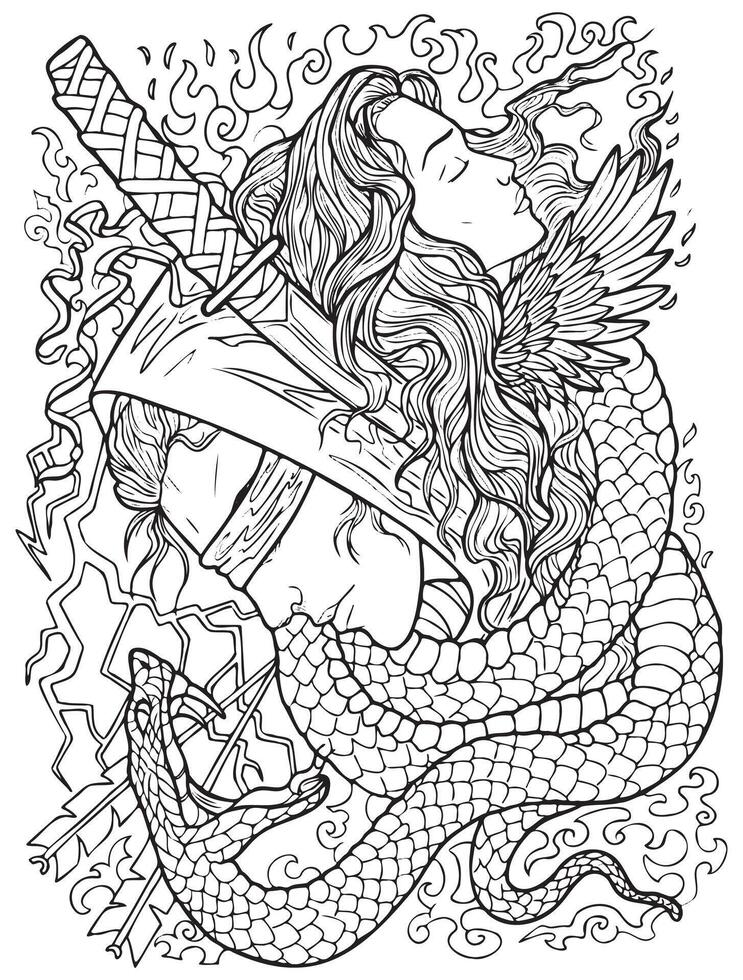 Fantasy engraved hand drawn illustration with beautiful woman, blind warrior, sword and snake. Black and white vector graphic art