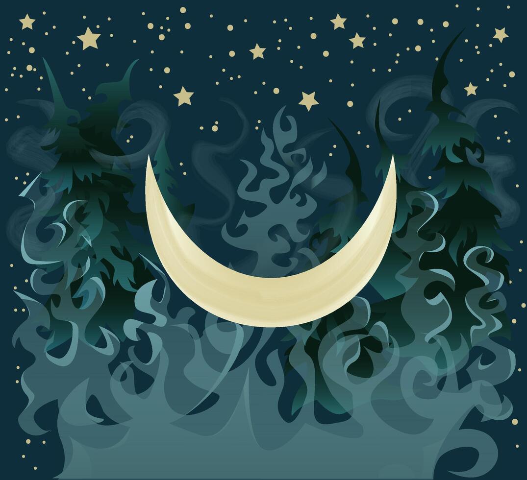 fantasía vector ilustración con luna, magia bosque y fumar en el oscuridad en contra antecedentes con noche cielo y estrellas, dibujos animados plano diseño Arte