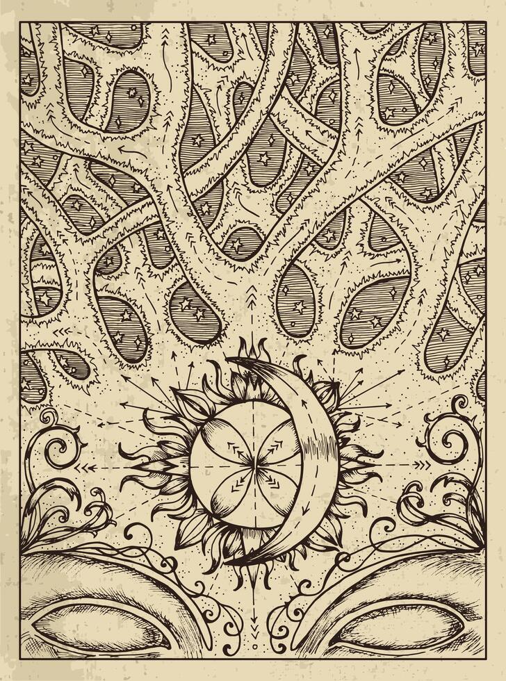 Crossroad. Mystic concept for Lenormand oracle tarot card. Vector engraved illustration. Fantasy line art drawing and tattoo sketch. Gothic, occult and esoteric background
