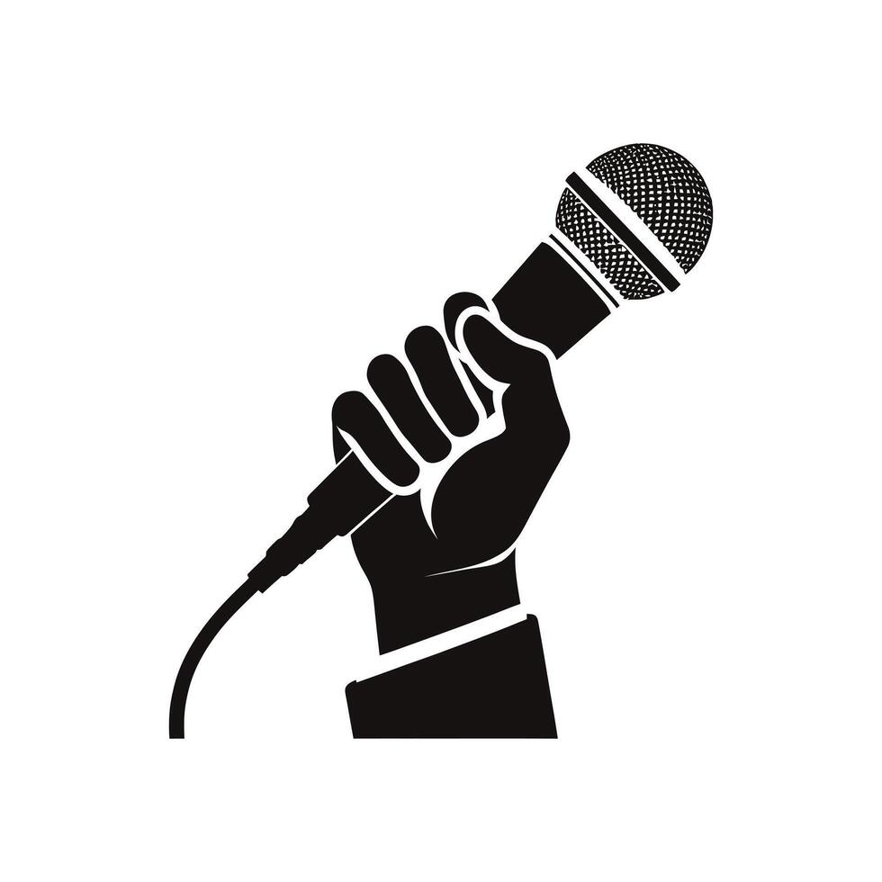 a black and white image of a hand holding a microphone press freedom concept vector